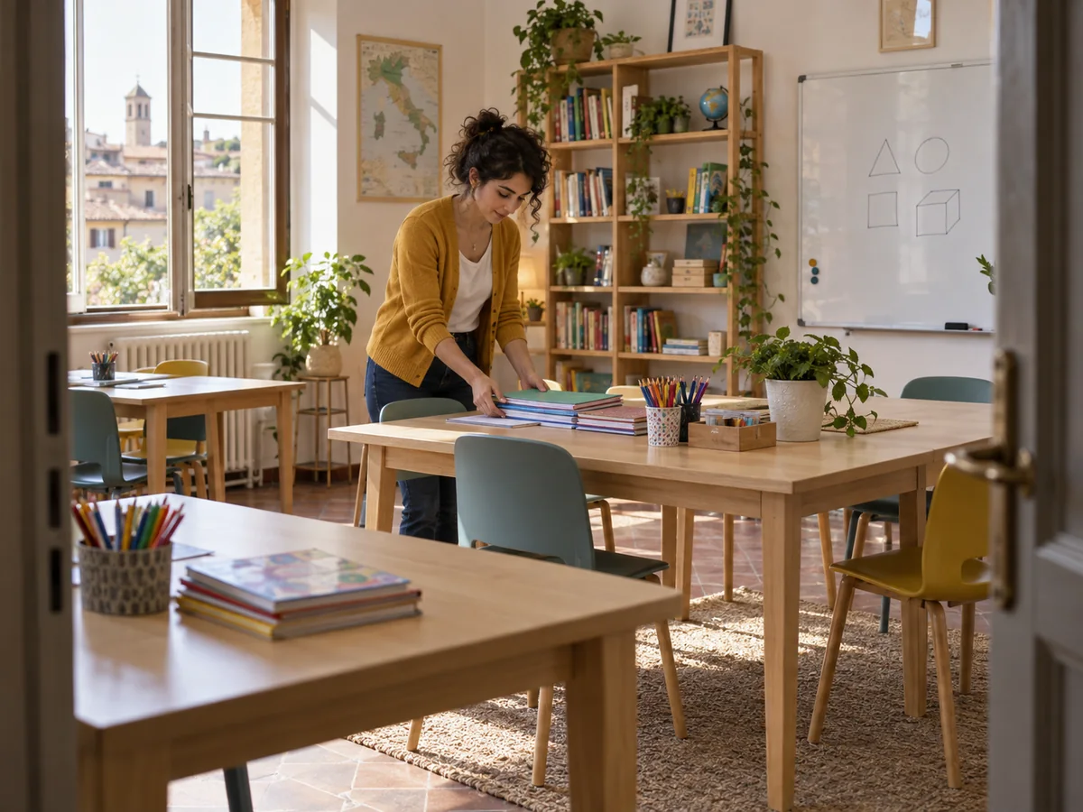 Tutor prepara quaderni e materiali didattici in un’aula luminosa con lavagna e tavoli.