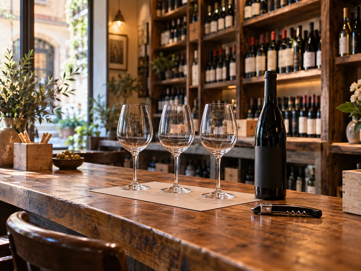 Banco di una enoteca preparato per una degustazione con calici e bottiglie sullo sfondo.