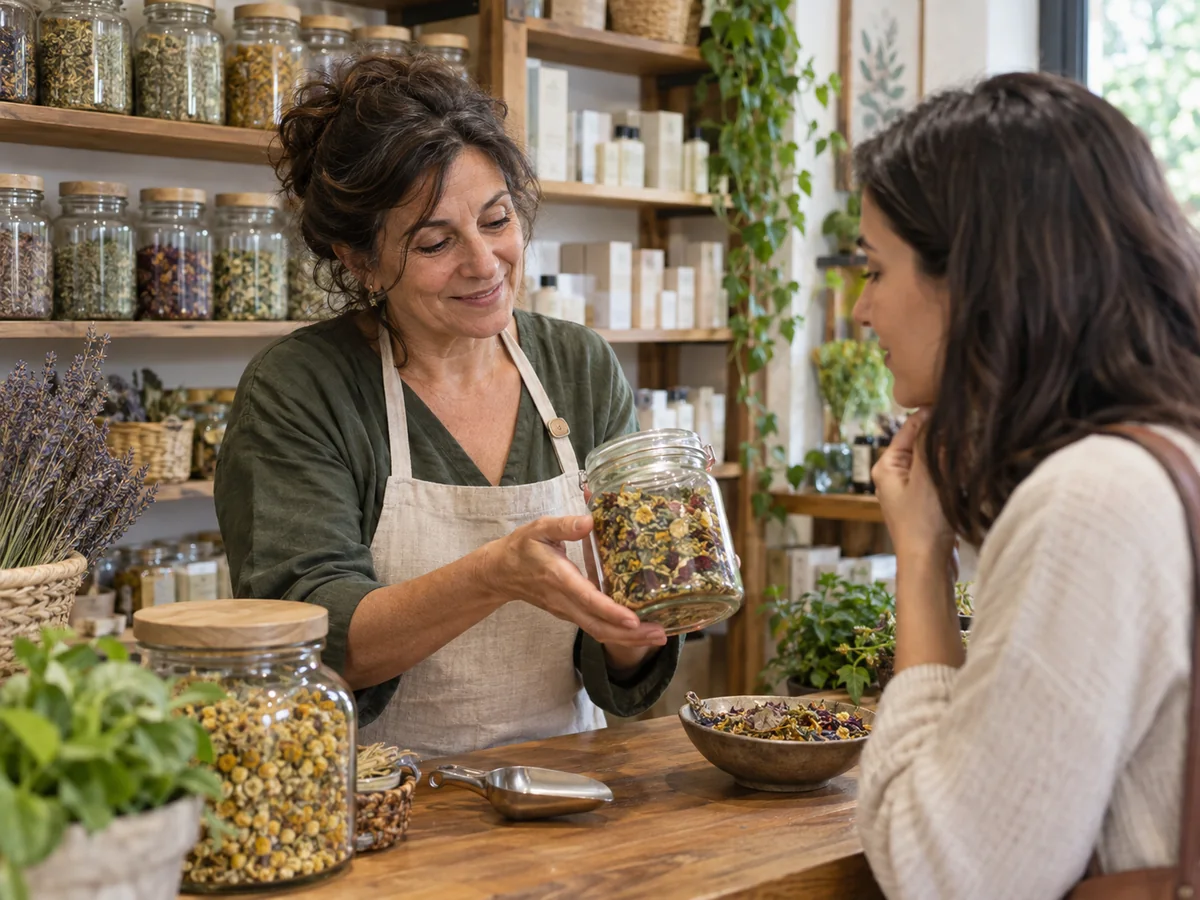 Erborista mostra un barattolo di tisana a una cliente al banco del negozio.