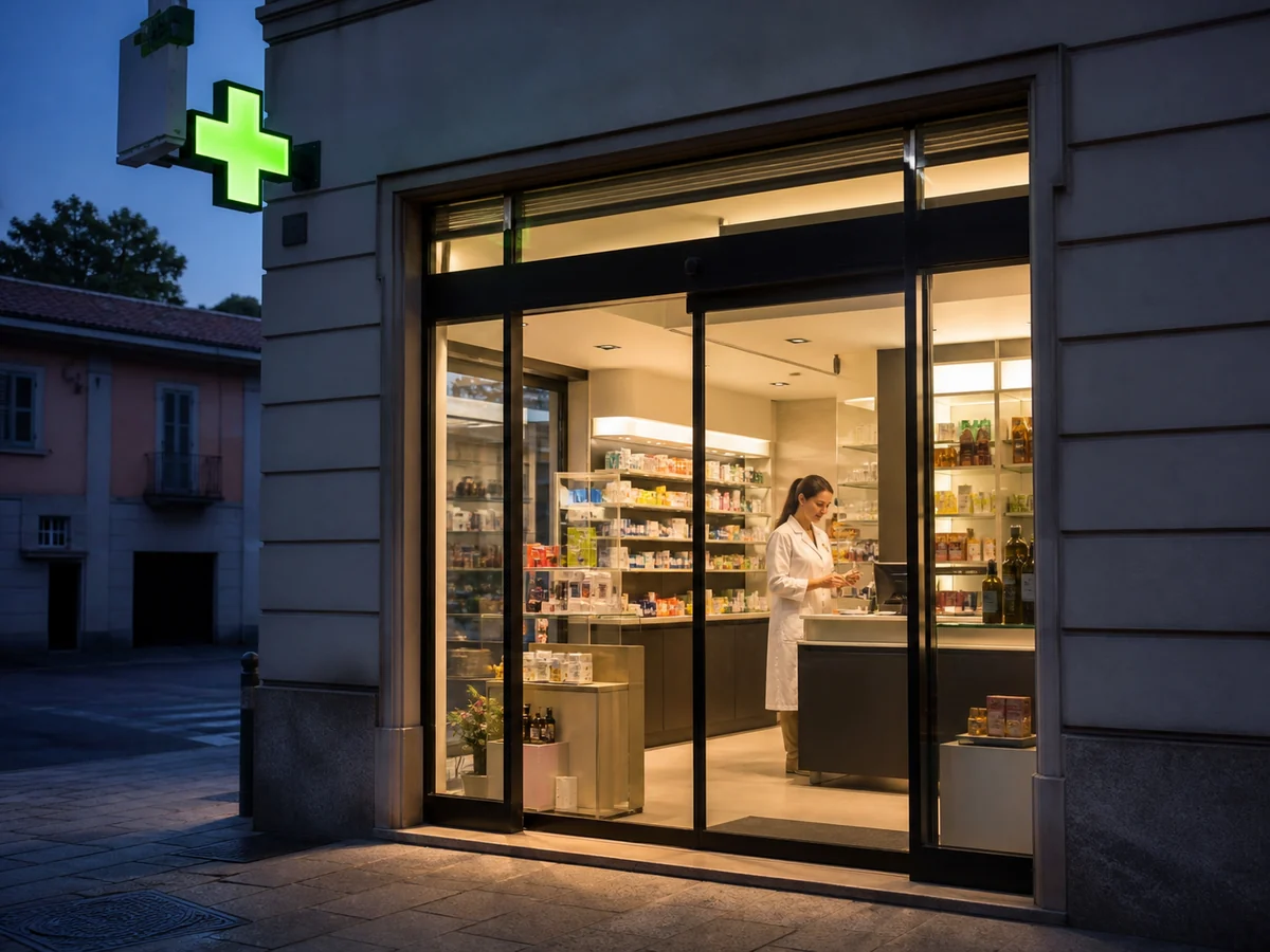 Farmacia al crepuscolo con ingresso illuminato e una farmacista visibile vicino al banco