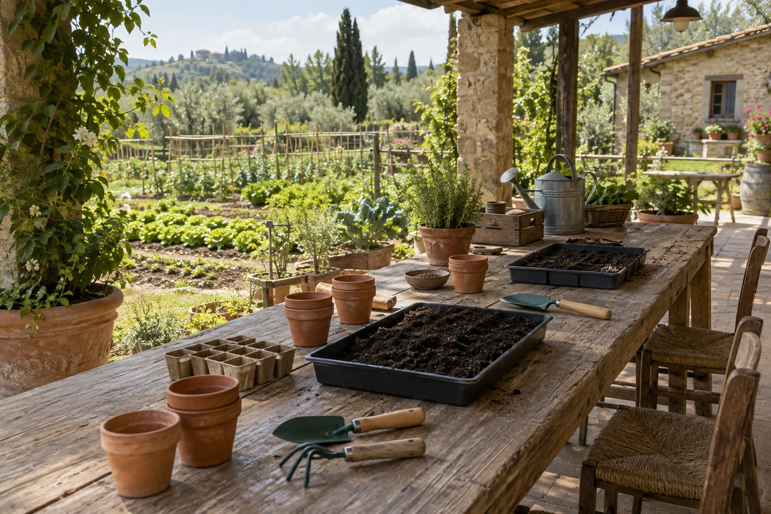 Tavolo con vasetti, terriccio e attrezzi per un laboratorio di semina sotto un portico rurale, con un orto sullo sfondo.