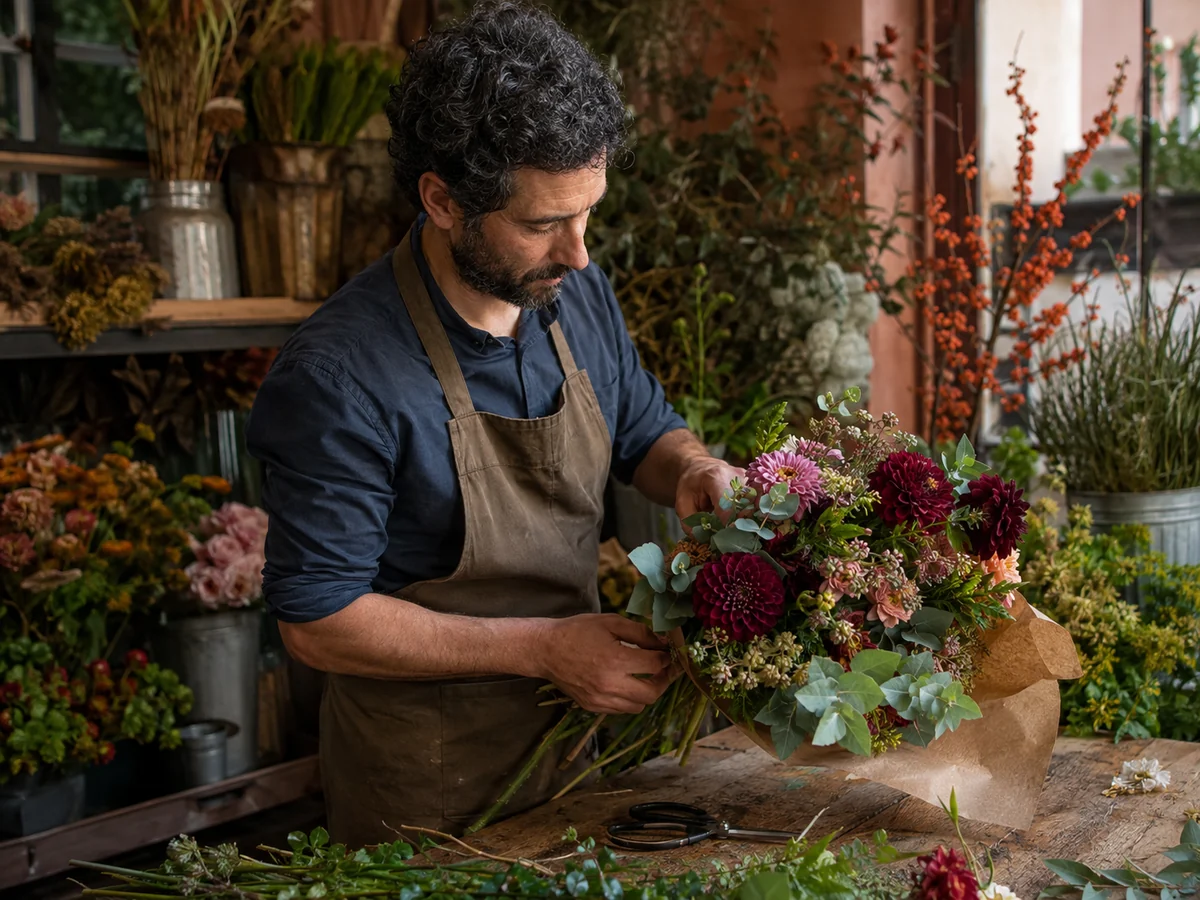 Un fiorista prepara un bouquet al banco del negozio tra fiori e composizioni stagionali.