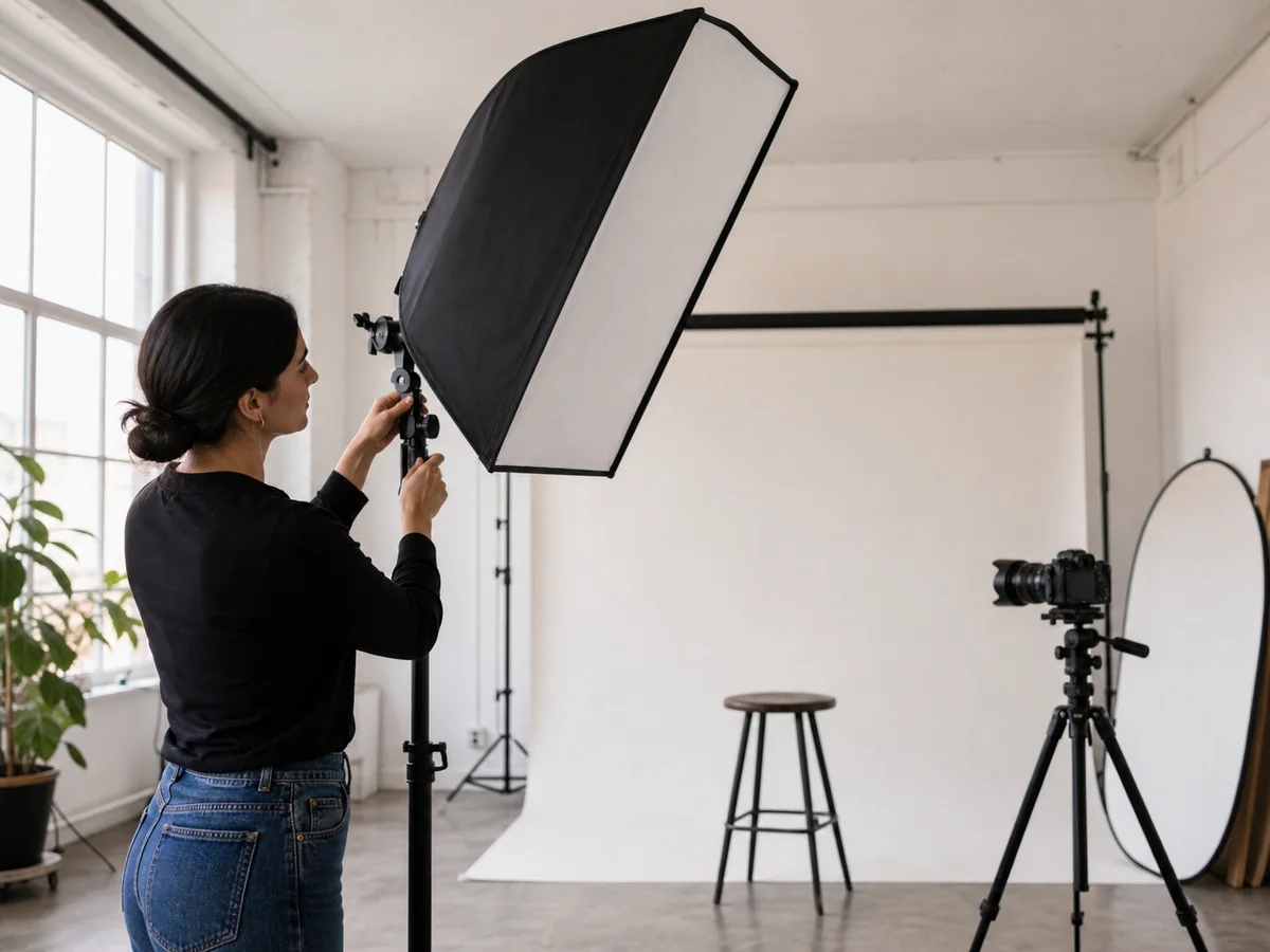 Fotografa che regola una luce da studio accanto a un fondale per una sessione di ritratto.
