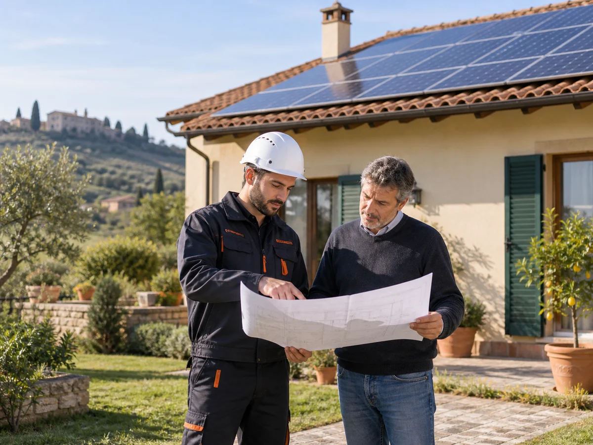 Installatore e proprietario esaminano una planimetria davanti a una casa con pannelli fotovoltaici.
