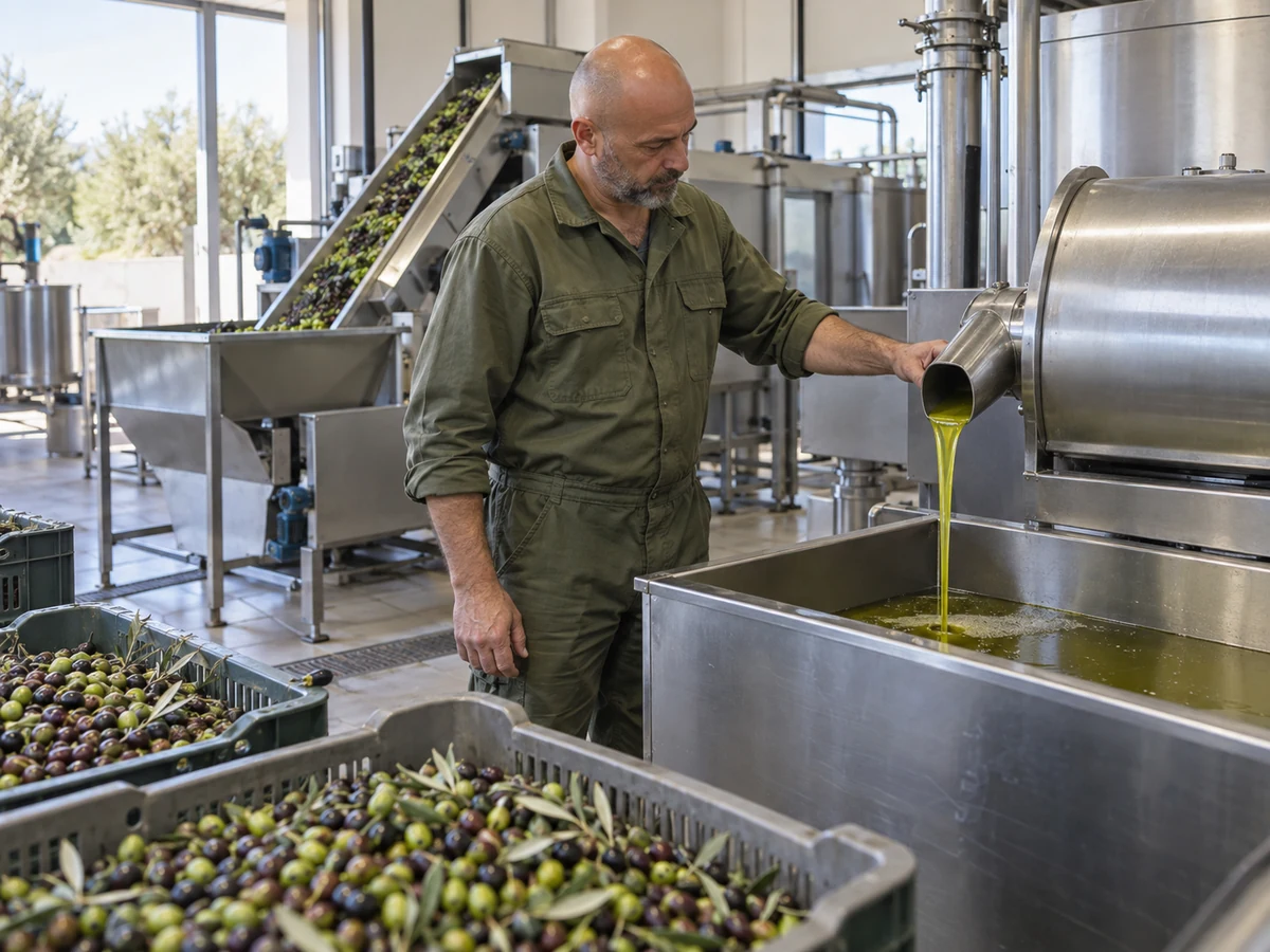 Operatore controlla il flusso dell’olio nel frantoio accanto a cassette di olive