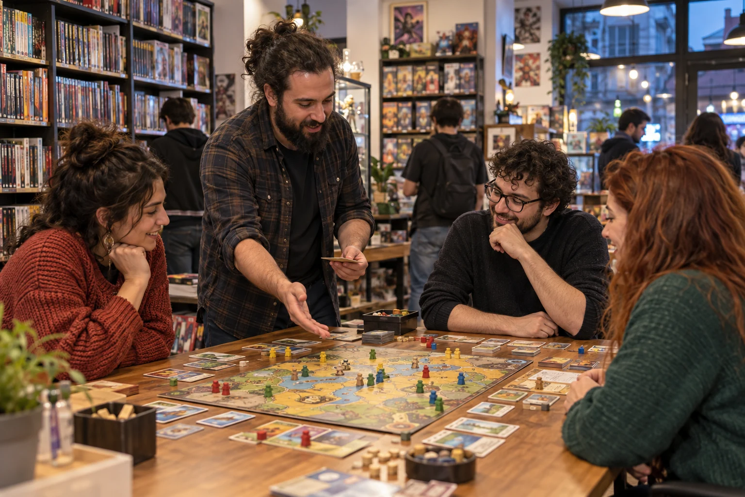Il titolare di un negozio di fumetti e giochi spiega un gioco da tavolo a un gruppo di adulti.