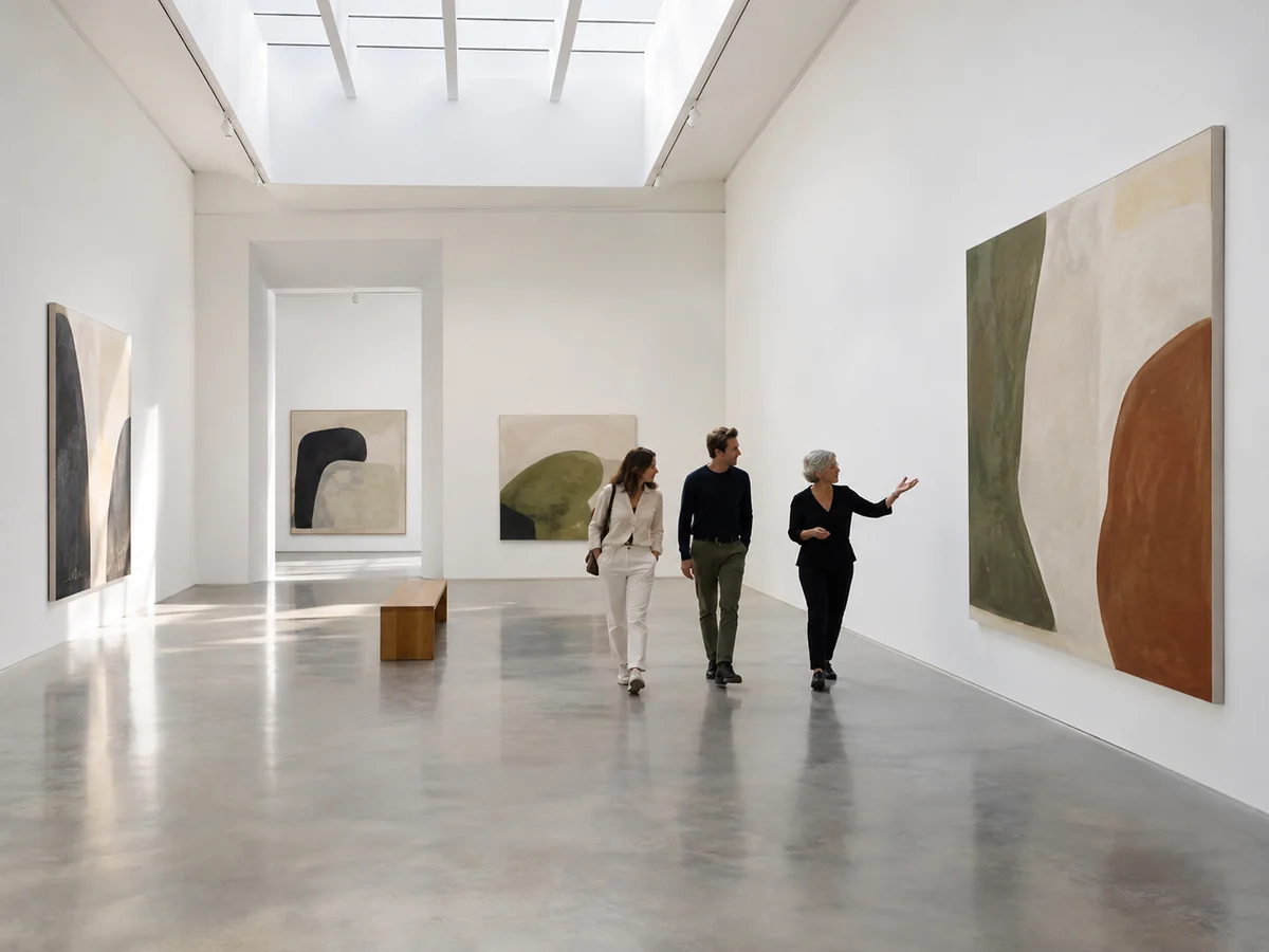 Gallerista che accompagna due visitatori in una sala con opere d’arte contemporanea