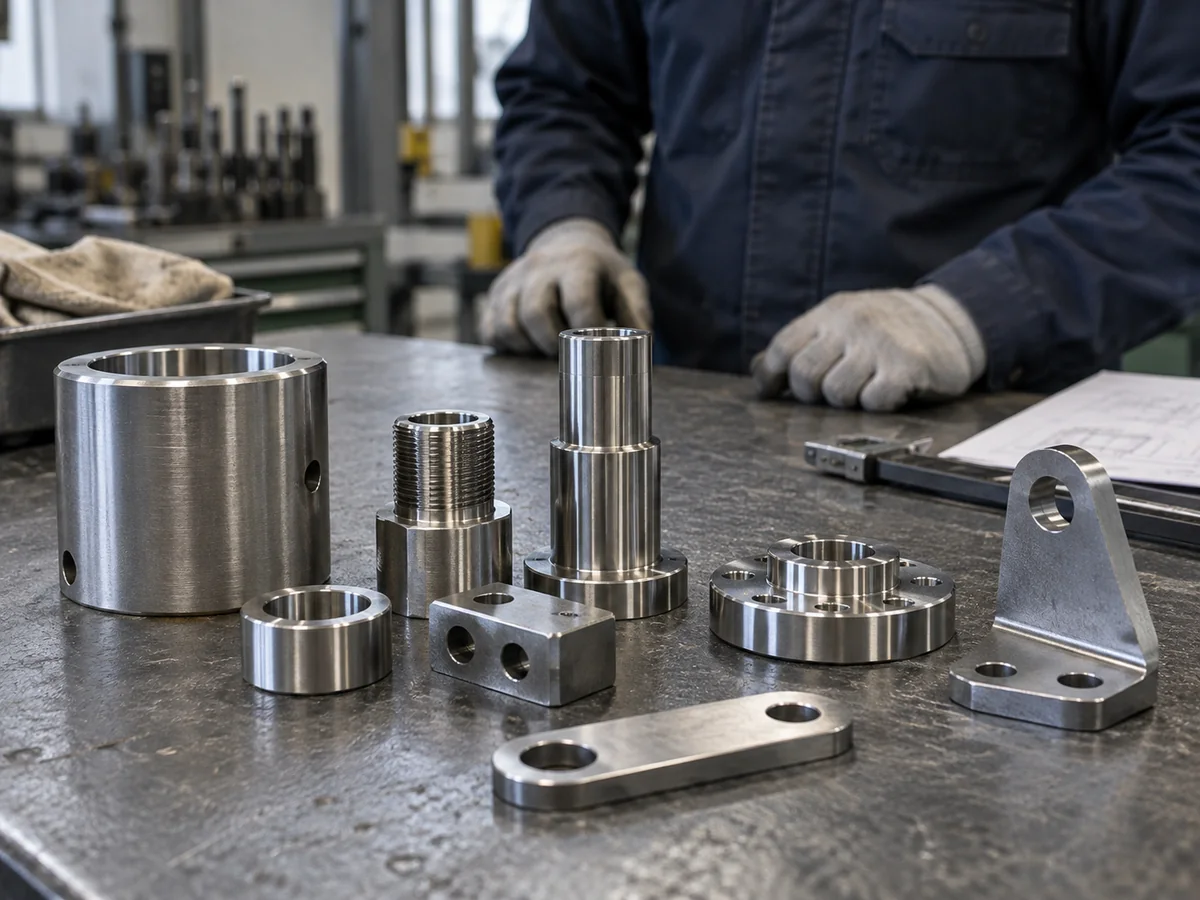 Componenti metallici e raccordi con finiture lucide e satinate su un banco, con un operatore sullo sfondo.