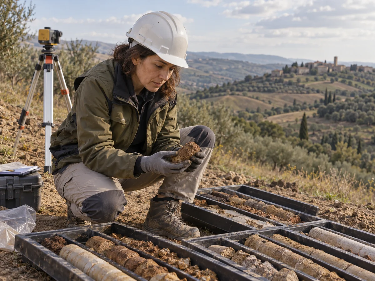 Geologa con casco e guanti esamina un campione di terra accanto a cassette di carotaggi e uno strumento su treppiede.