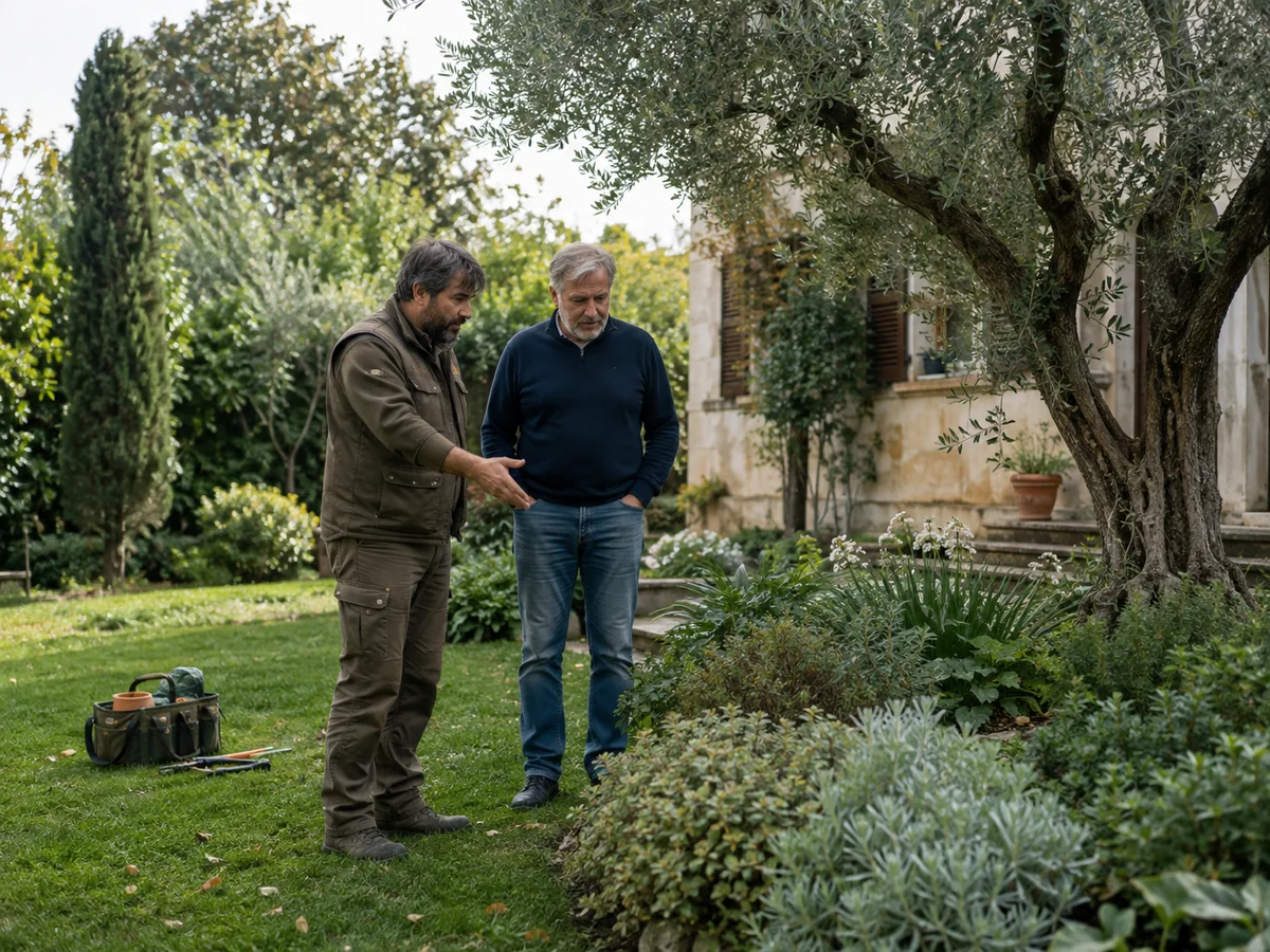 Giardiniere e cliente osservano il giardino durante un sopralluogo.