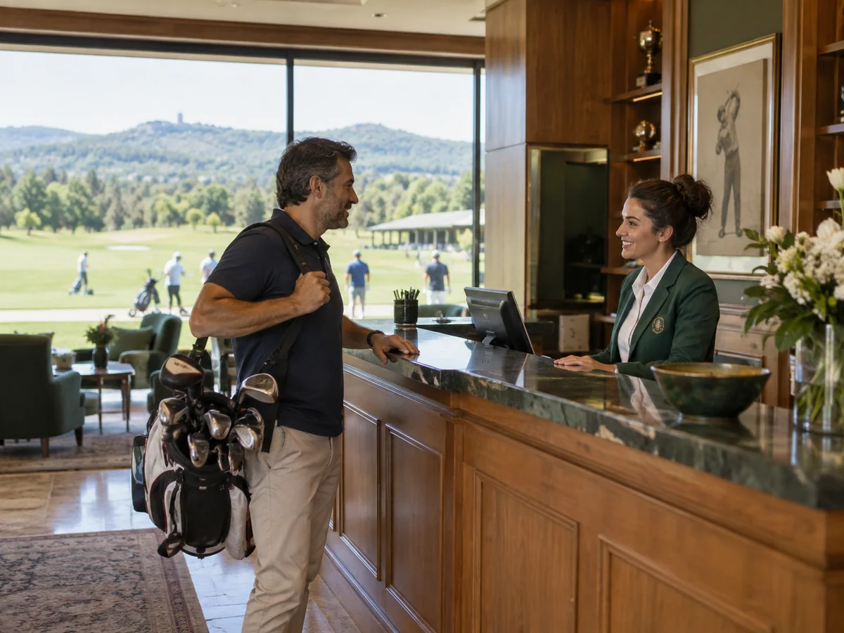 Reception di un circolo di golf con un ospite e il campo visibile dalle vetrate.