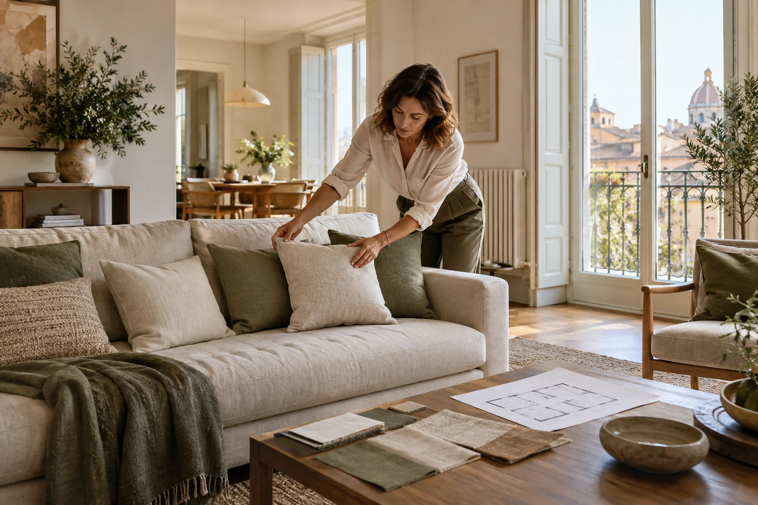 Home stager che sistema un cuscino durante l’allestimento di un soggiorno luminoso