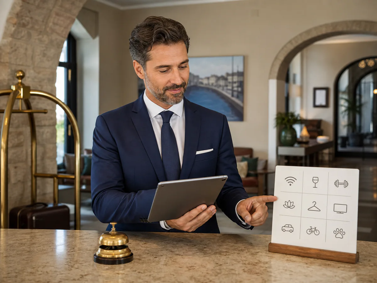 Direttore d’hotel controlla servizi e disponibilità sul tablet
