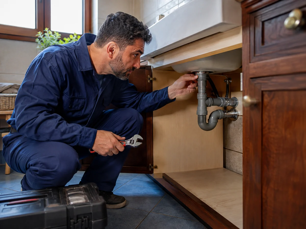 Un idraulico controlla i raccordi sotto un lavabo domestico con gli attrezzi a portata di mano.
