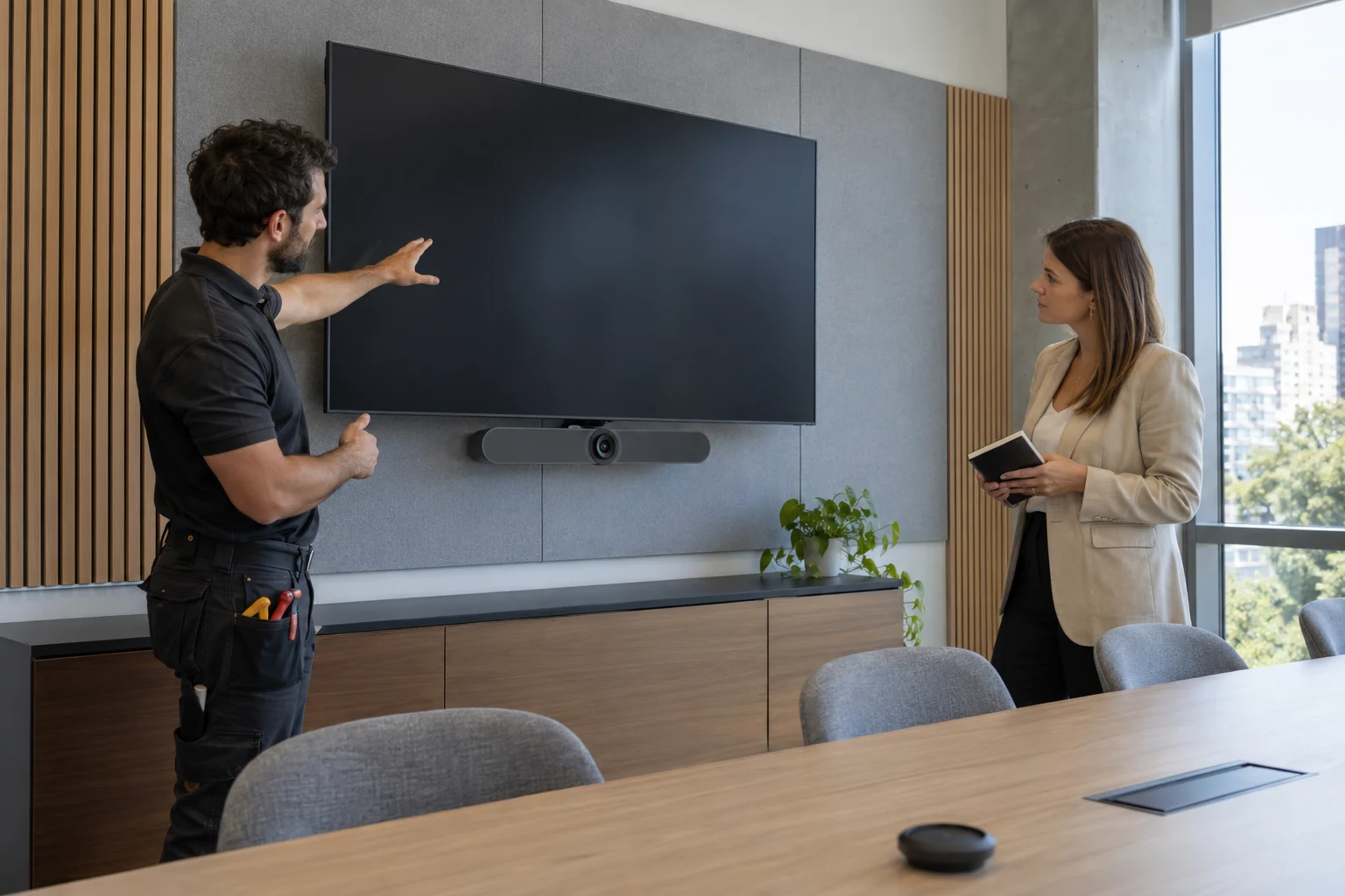 Un installatore e una responsabile aziendale valutano una sala riunioni con schermo spento e barra per videoconferenze.