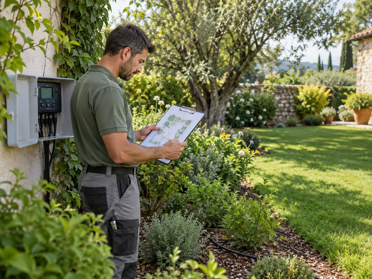 Un installatore consulta la planimetria di un giardino accanto a una centralina di irrigazione
