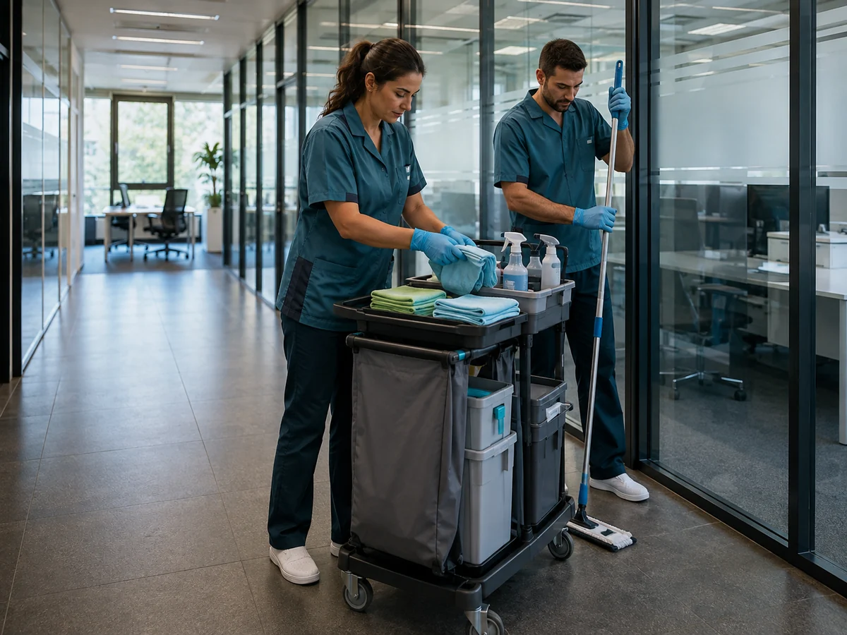 Due addetti di un’impresa di pulizie preparano il lavoro in un ufficio con attrezzatura professionale.