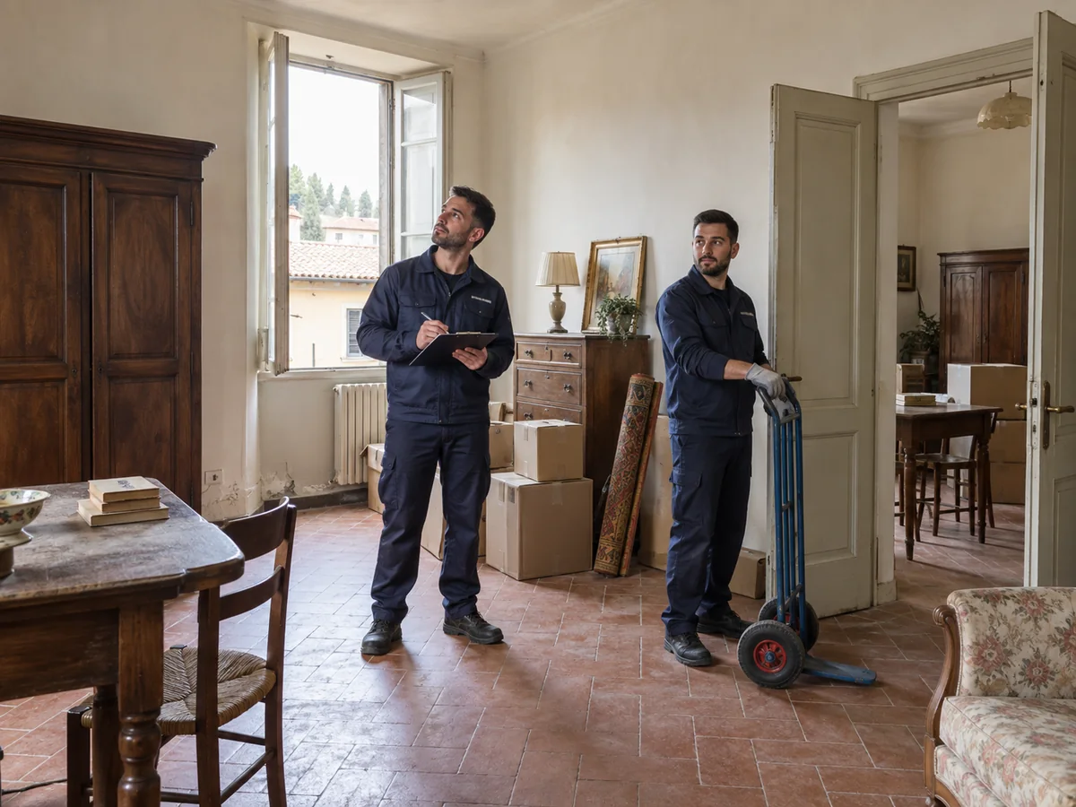 Due addetti con attrezzature osservano mobili e scatole durante il sopralluogo in un locale da sgomberare.
