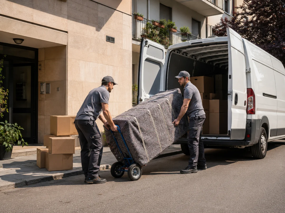 Traslocatori caricano scatole e un mobile protetto su un furgone davanti a una casa.