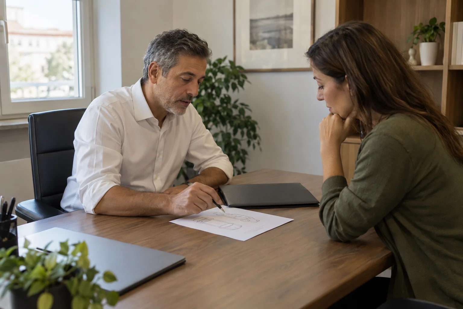 Consulente e cliente esaminano uno schema di automobile alla scrivania di un’agenzia