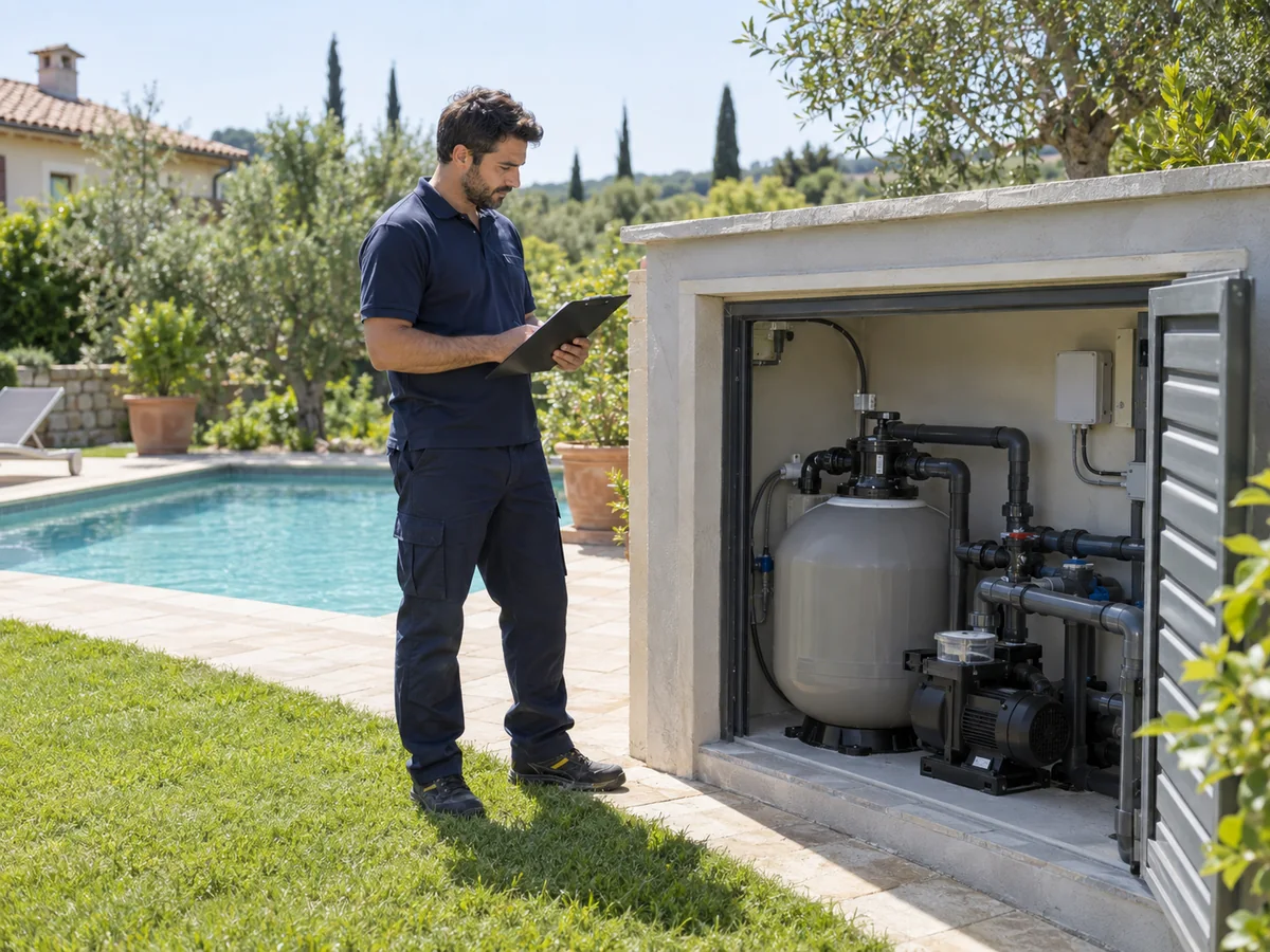 Tecnico di manutenzione accanto al locale con filtro e pompa di una piscina residenziale