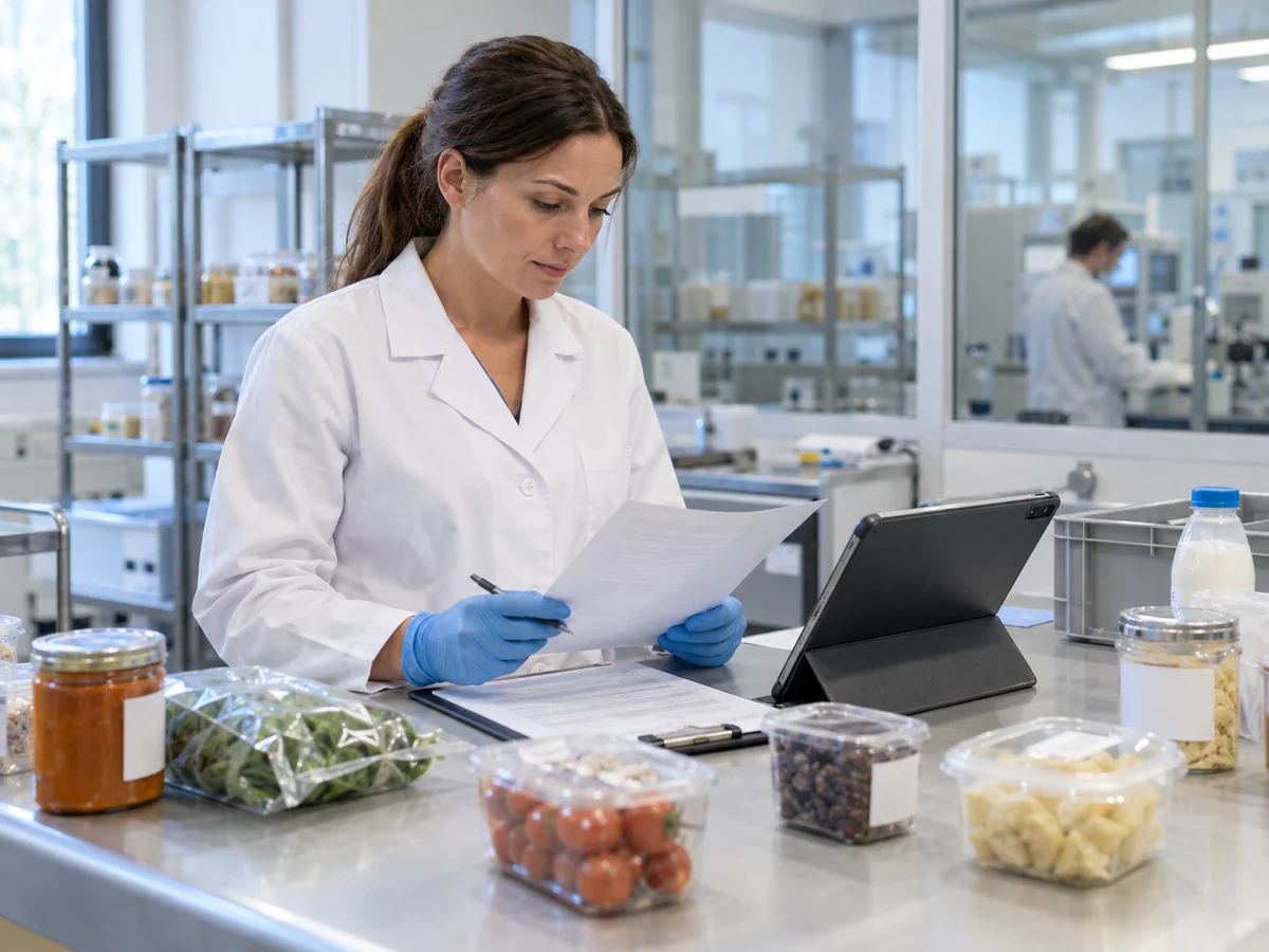 Coordinatrice dell’accettazione verifica una richiesta accanto a campioni alimentari sigillati e a un tablet