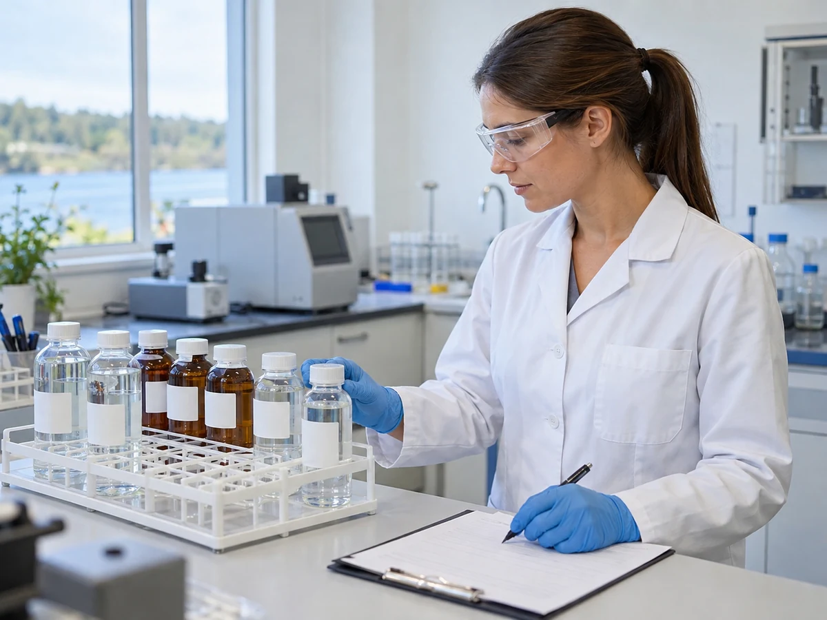 Tecnica di laboratorio con camice e occhiali controlla bottiglie chiuse per campioni d’acqua.