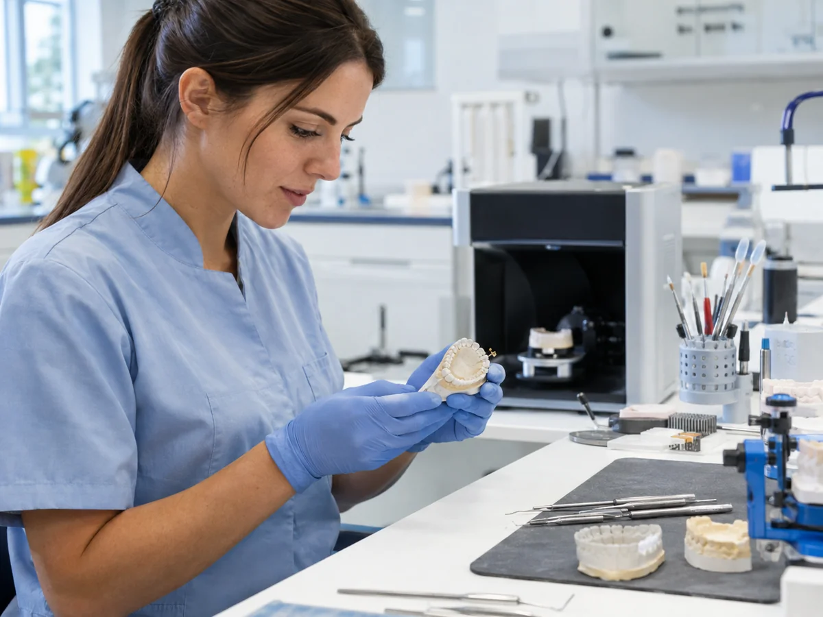 Odontotecnica esamina un modello dentale al banco del laboratorio, accanto a uno scanner da tavolo.