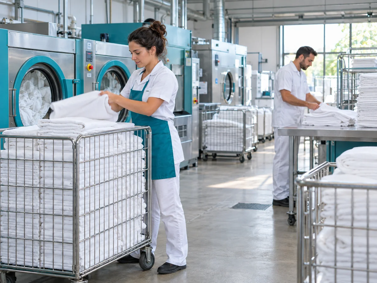 Due addetti organizzano biancheria bianca su carrelli accanto ai macchinari di una lavanderia industriale.