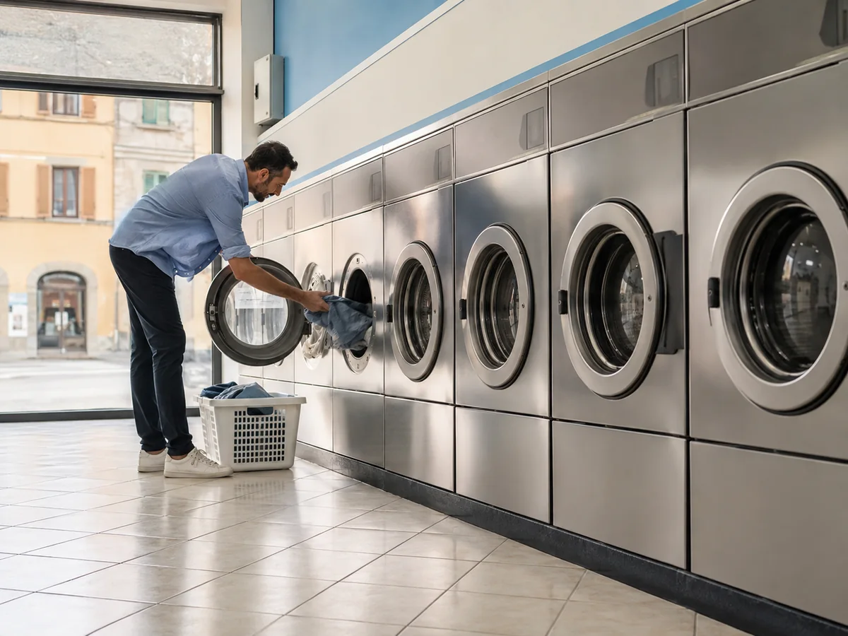Persona che carica il bucato in una lavatrice professionale in una lavanderia self-service.