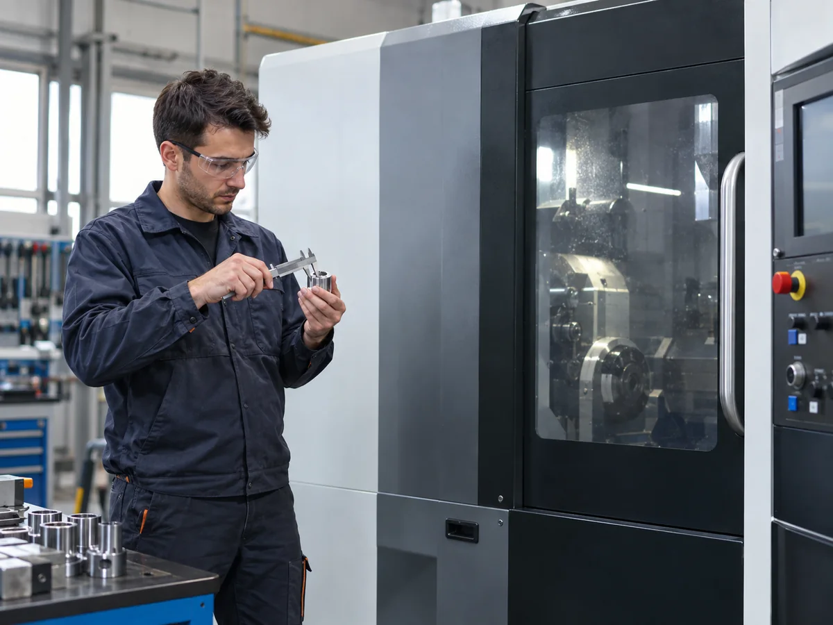 Tecnico accanto a una macchina CNC controlla un componente metallico nell'officina di lavorazioni meccaniche.