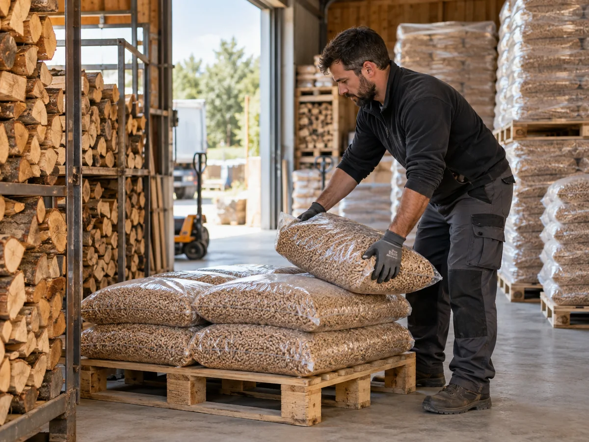 Addetto che prepara una consegna tra bancali di pellet e legna ordinata in un deposito