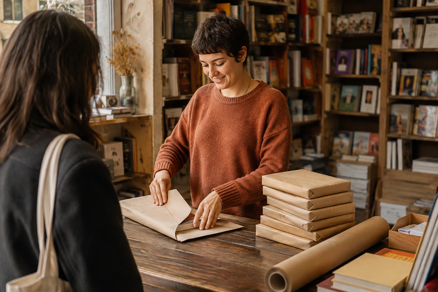 Libraia prepara un ordine confezionando libri in carta da pacchi al banco del negozio.