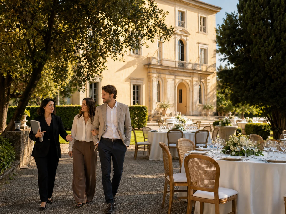 Responsabile di una location accompagna una coppia nel giardino di una villa allestita per un matrimonio.