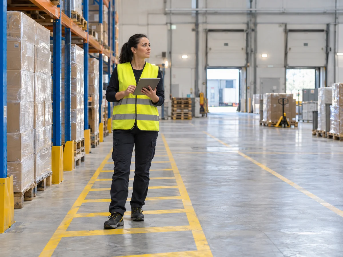 Responsabile con tablet in un magazzino logistico ordinato con scaffalature e area di carico