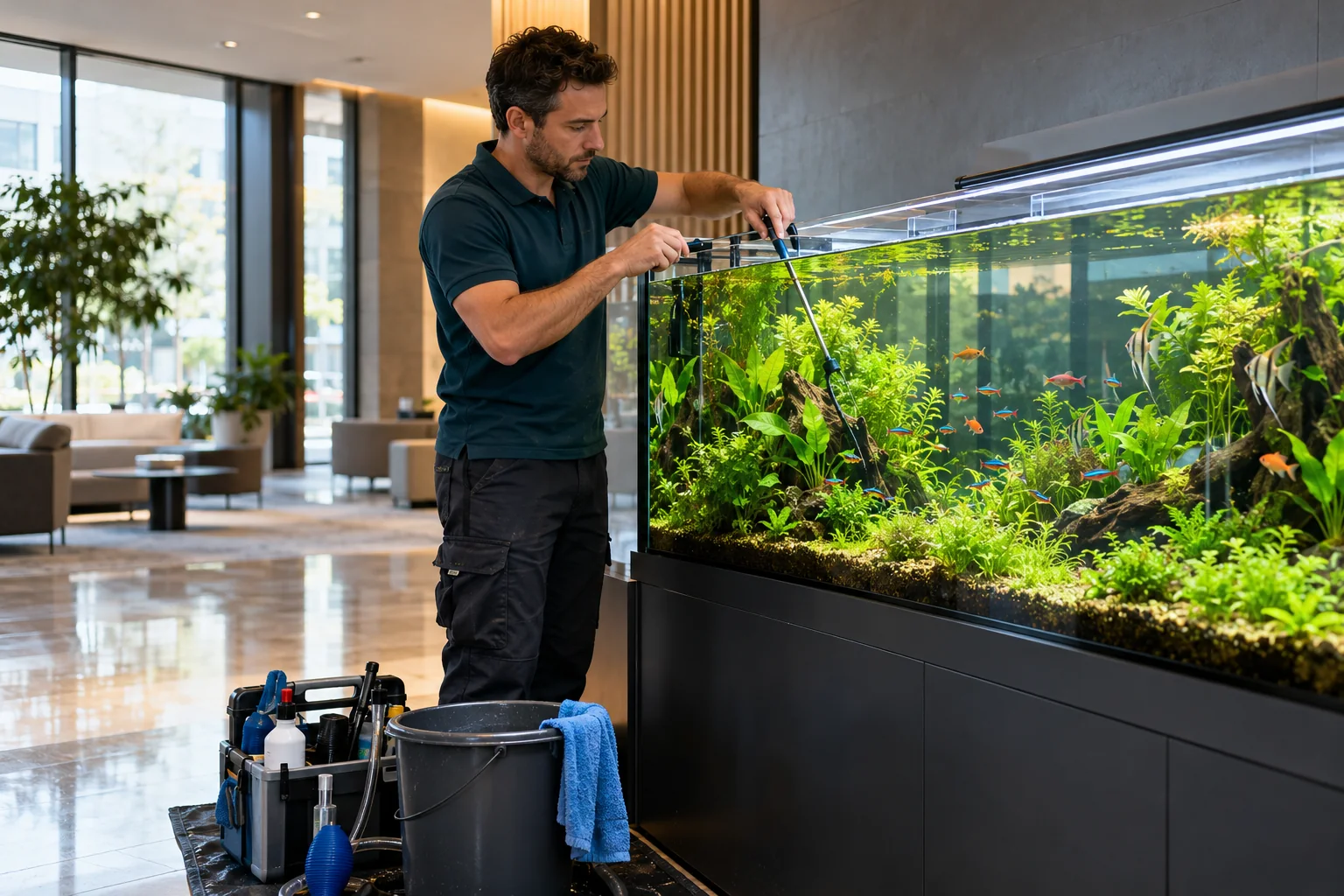 Un tecnico cura un acquario piantumato nella reception di un ufficio, con il kit di manutenzione accanto alla vasca.