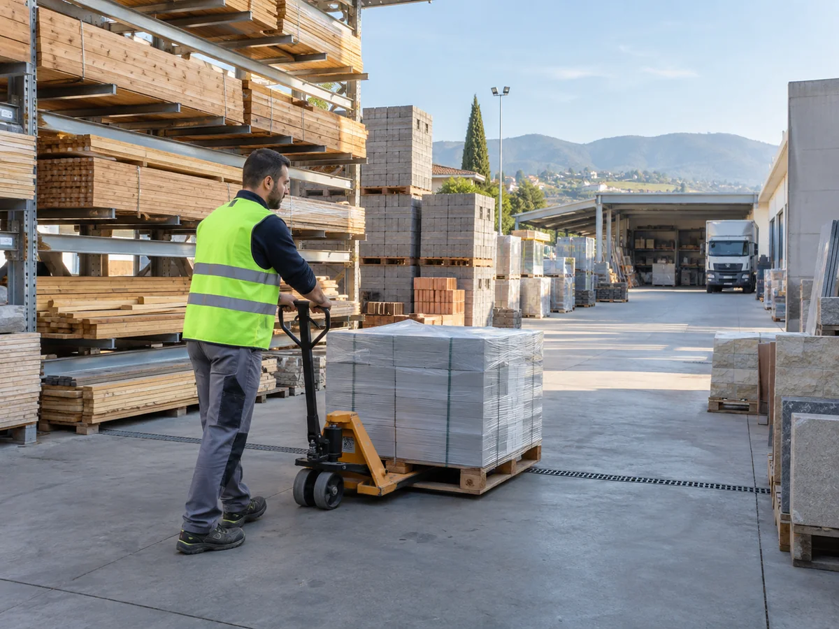 Addetto prepara un pallet per il ritiro nel piazzale di una rivendita di materiali edili.
