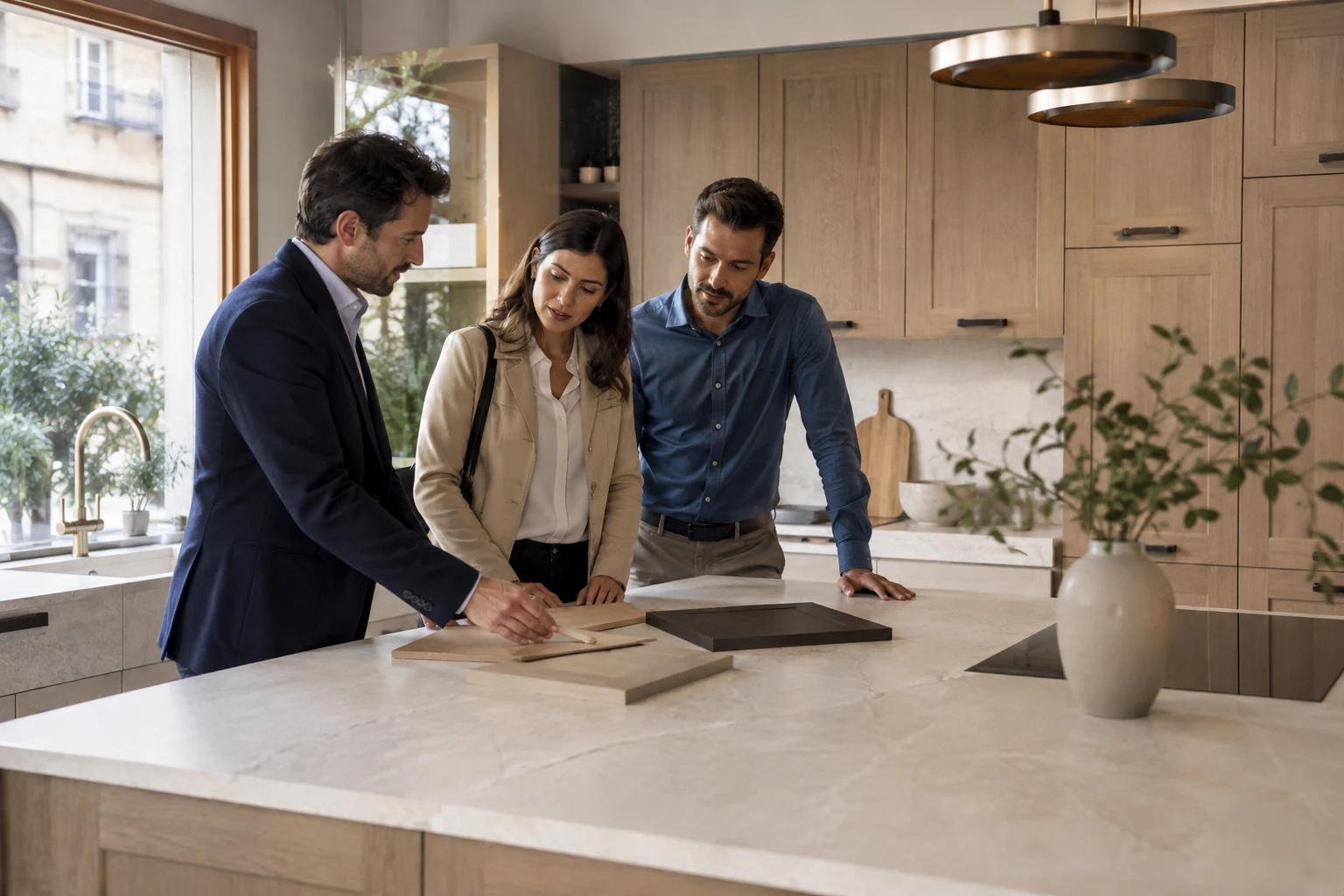 Un consulente mostra campioni di materiali a una coppia davanti a una cucina esposta in showroom.