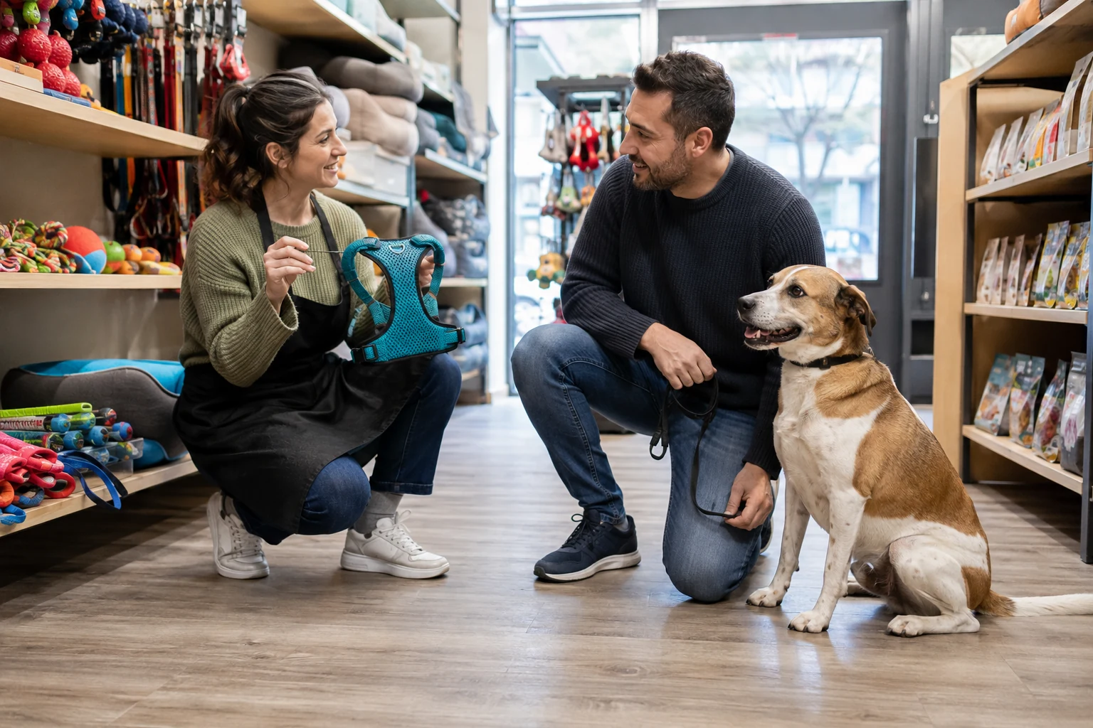 Una commessa mostra una pettorina a un cliente con il cane all’interno di un negozio di animali.