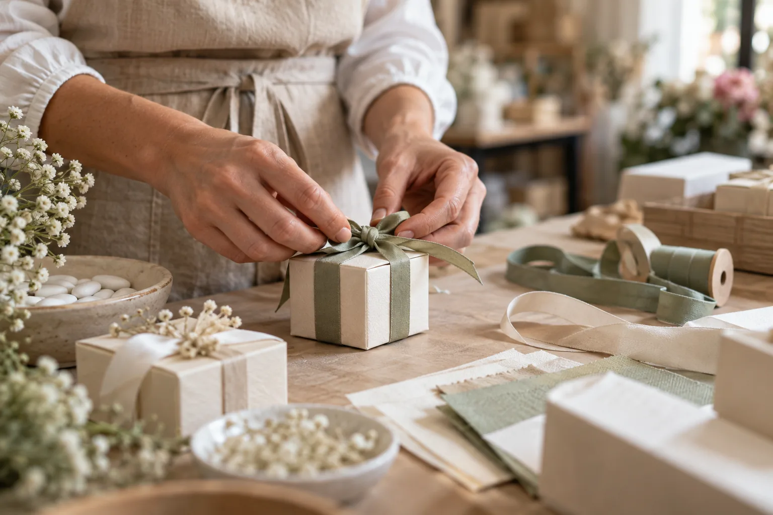 Mani che preparano una confezione di bomboniere personalizzata tra campioni e nastri sul banco