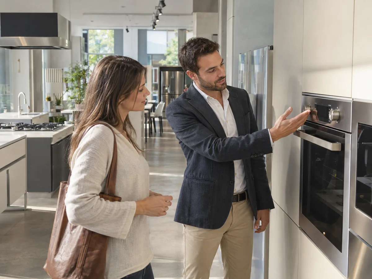 Venditore e cliente osservano un forno da incasso nello showroom di elettrodomestici