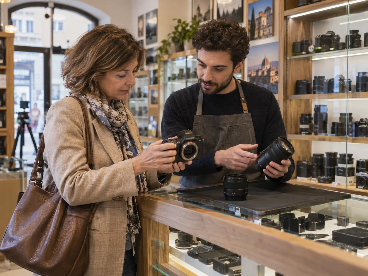Addetto di un negozio di fotografia confronta una fotocamera e un obiettivo con una cliente.