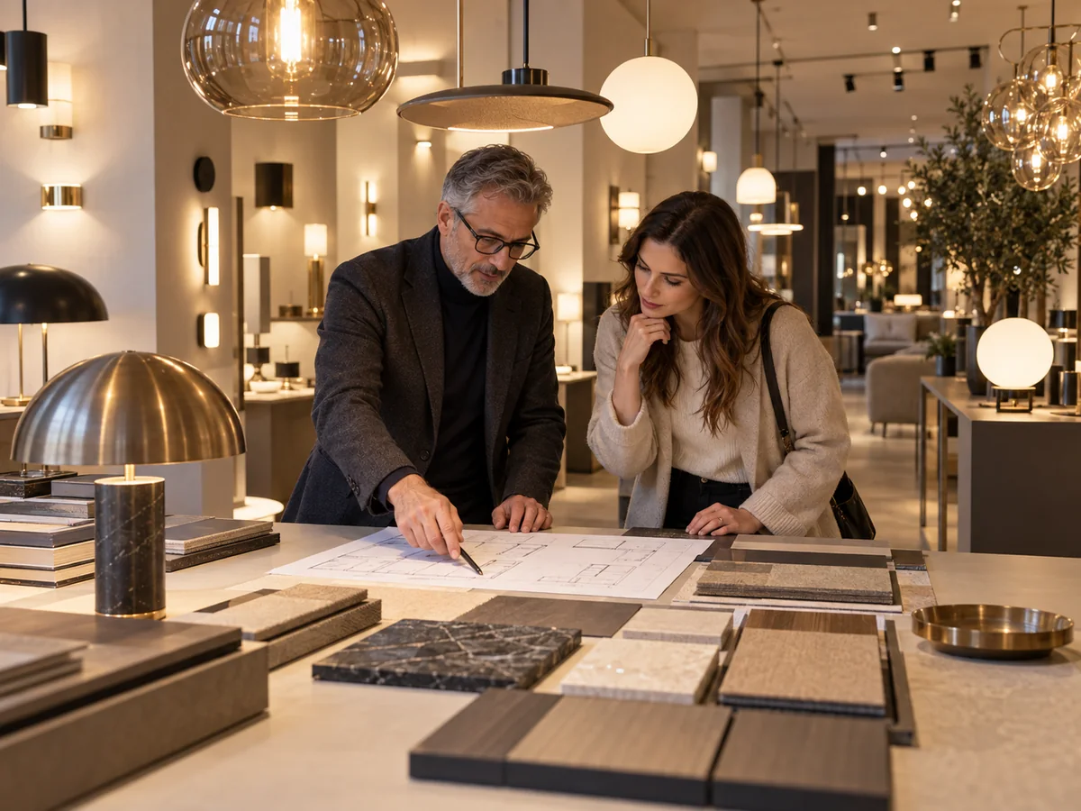 Consulente e cliente confrontano lampade accese e una planimetria in uno showroom di illuminazione