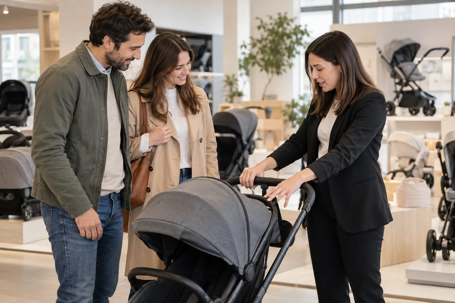 Consulente che mostra un passeggino a una coppia in uno showroom di articoli per la prima infanzia