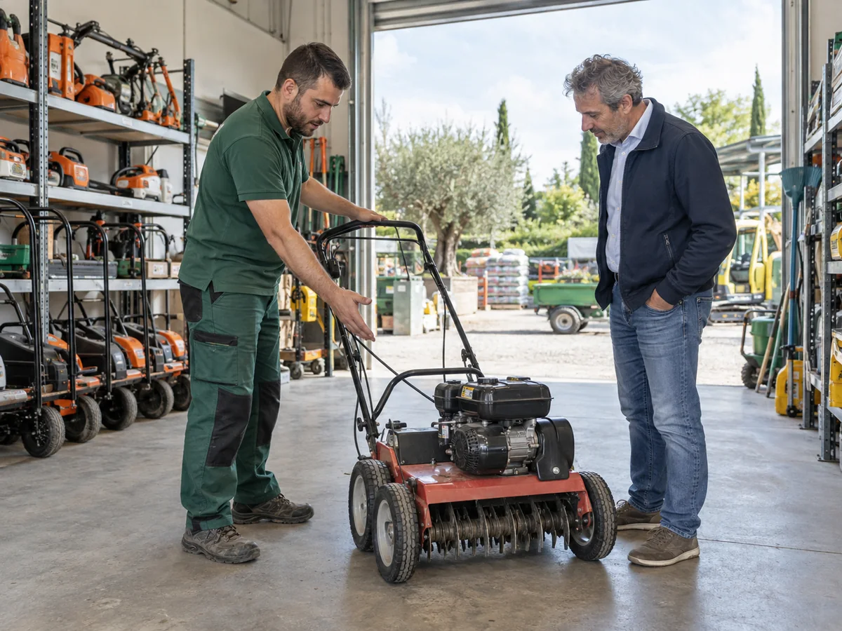 Un addetto mostra una macchina da giardinaggio a un cliente nell’area di consegna di un centro noleggio.