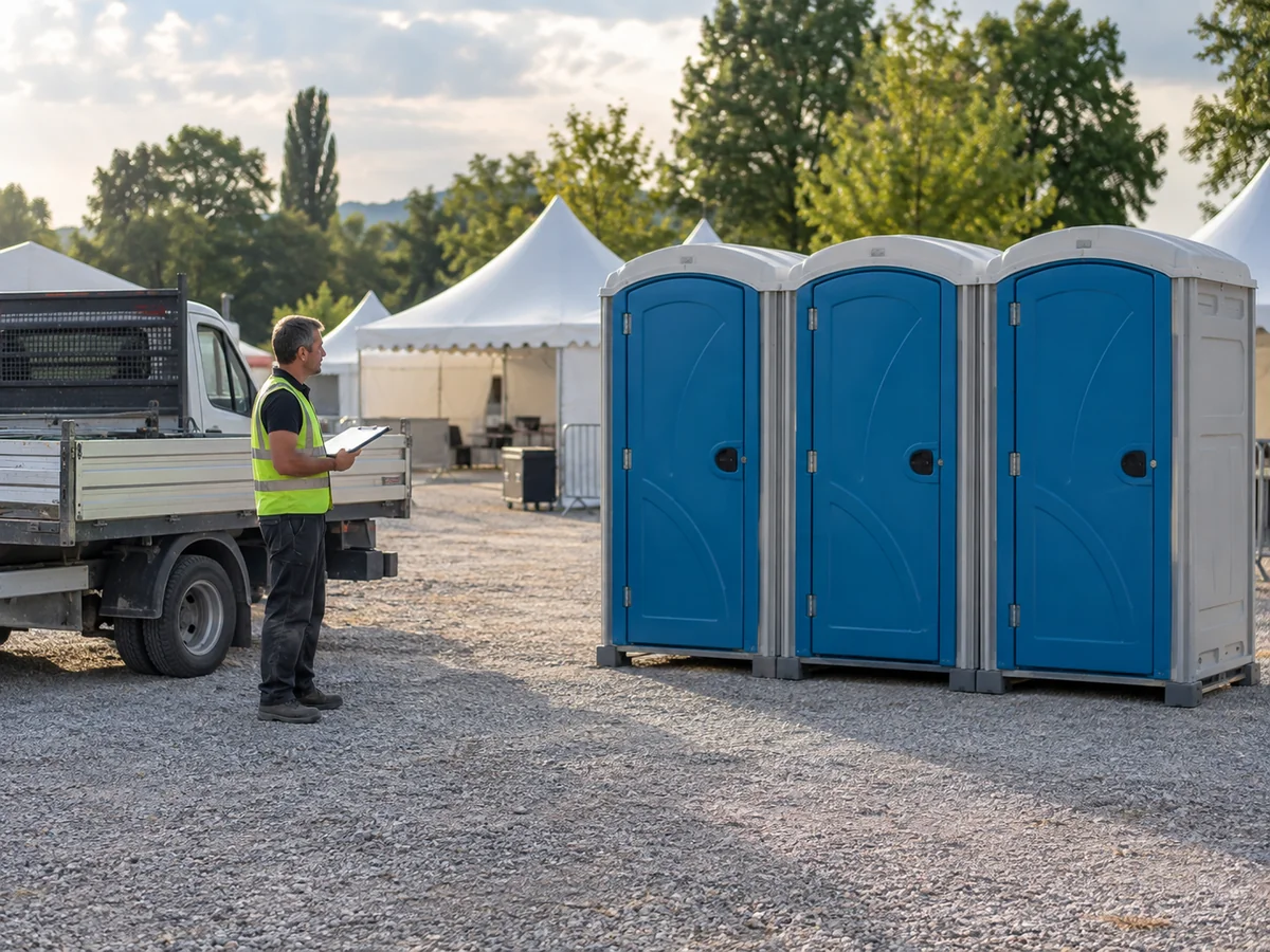 Addetto controlla la disposizione di tre cabine per bagni chimici accanto al mezzo di consegna in un’area eventi.