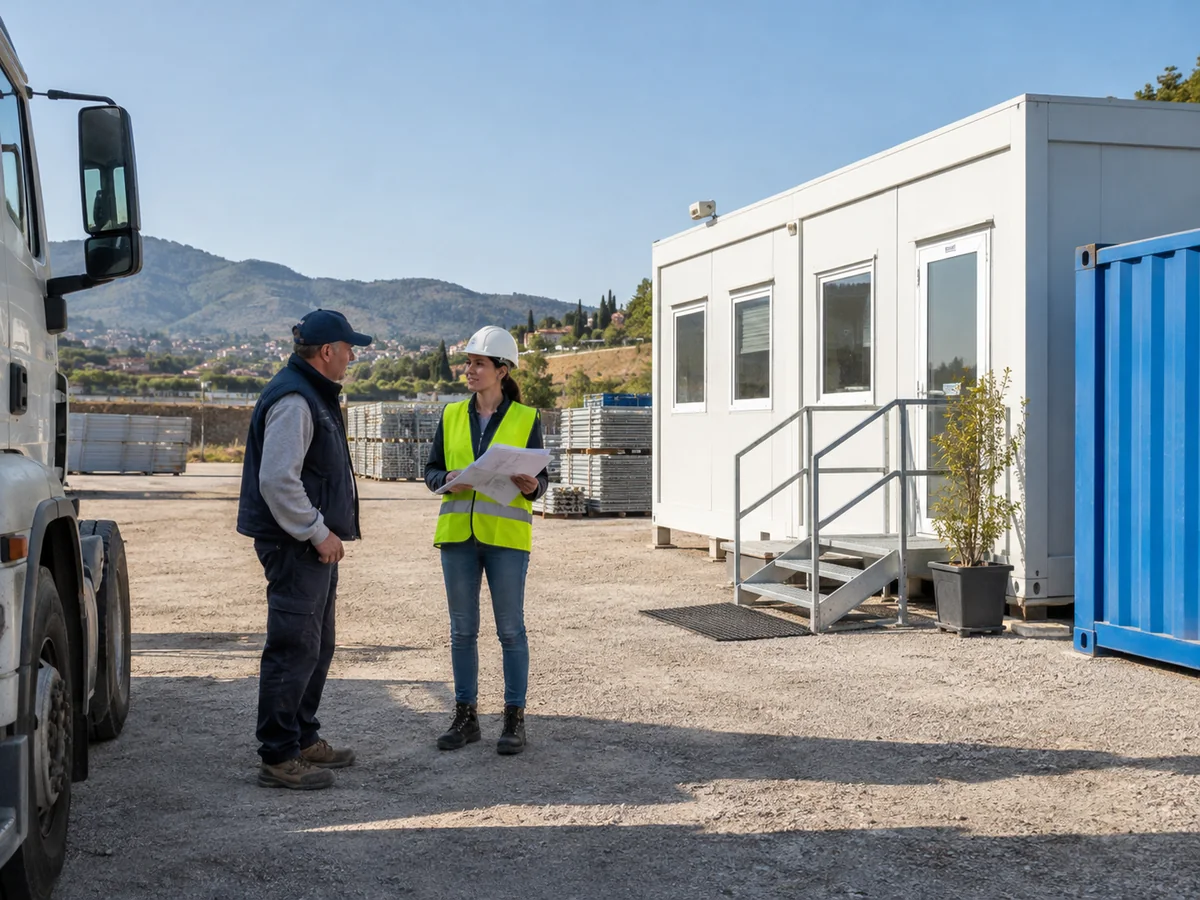 Referente aziendale accanto a un modulo ufficio prefabbricato in un piazzale ordinato