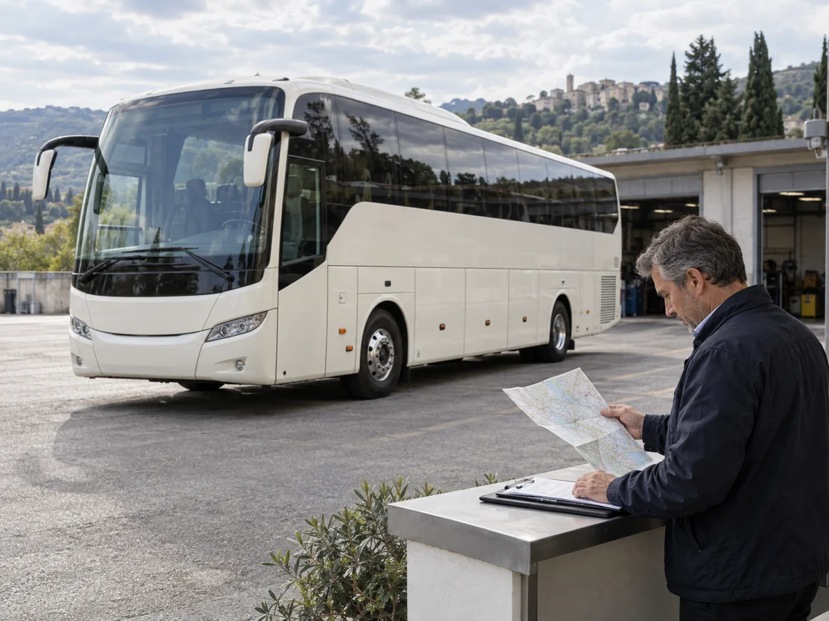 Responsabile di un'impresa di noleggio pullman consulta un itinerario davanti a un autobus turistico in rimessa.