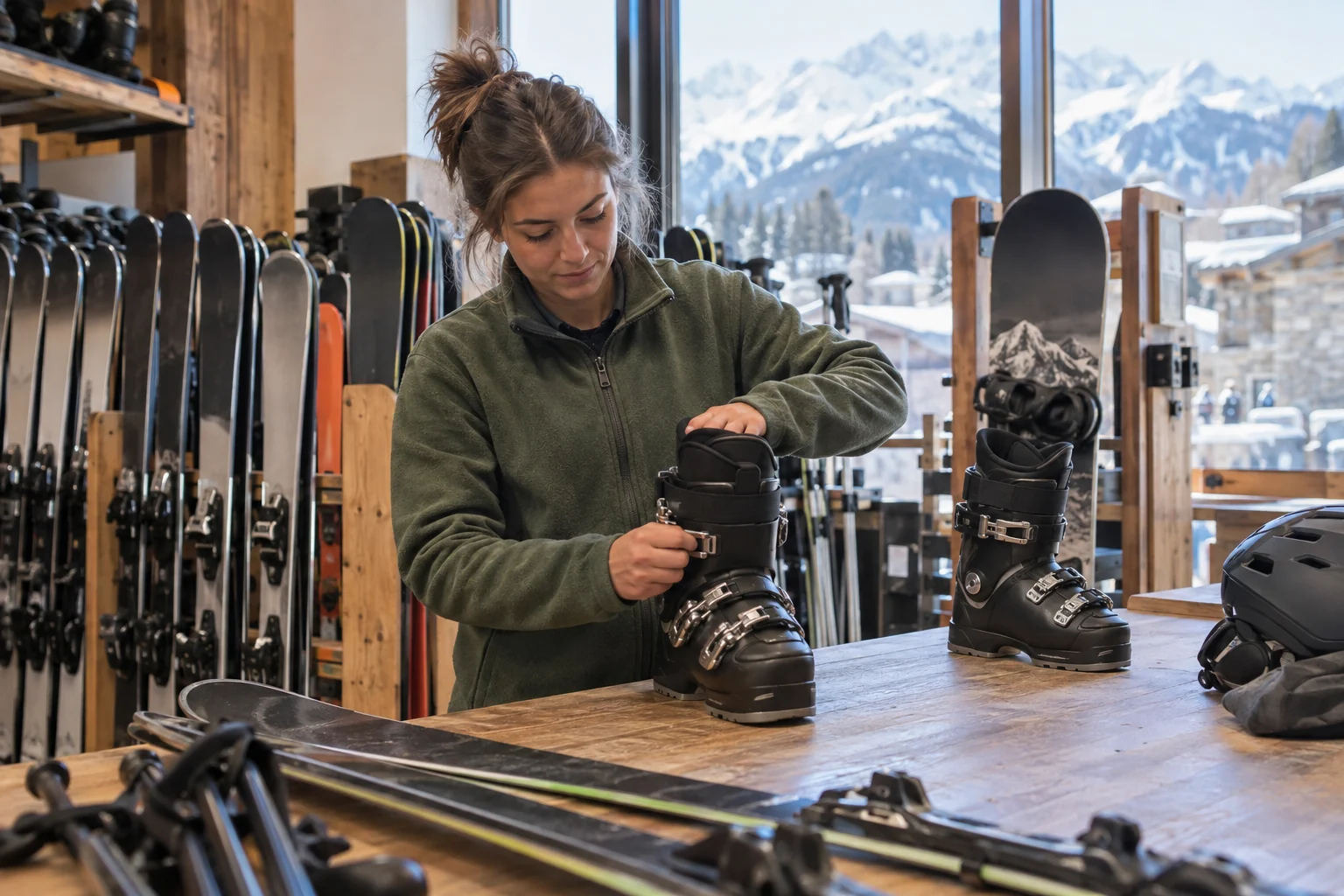 Area di consegna di un noleggio sci e snowboard con sci e scarponi pronti per il ritiro