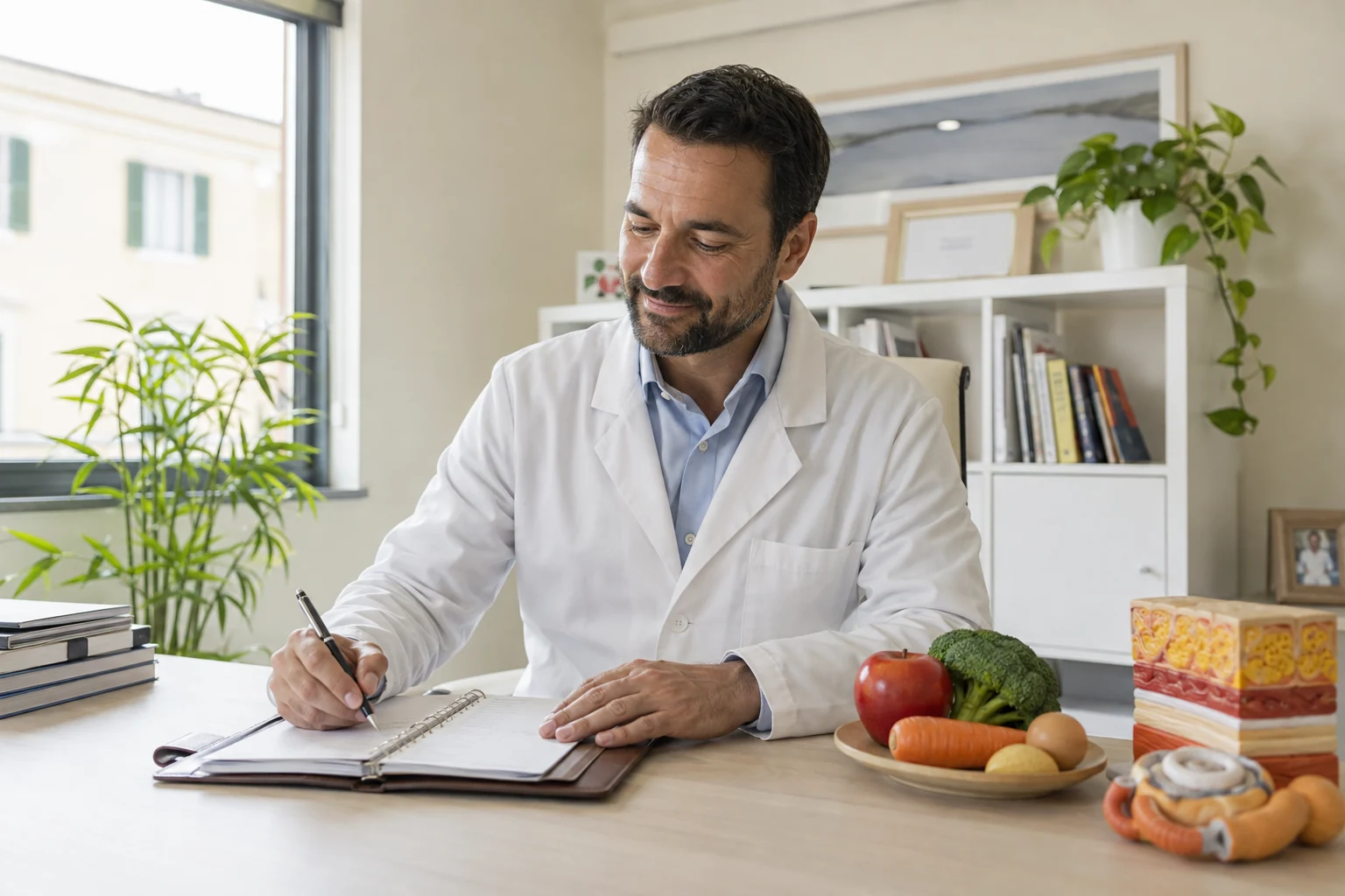 Un professionista scrive sull’agenda nello studio, con alimenti e modelli dimostrativi sulla scrivania.